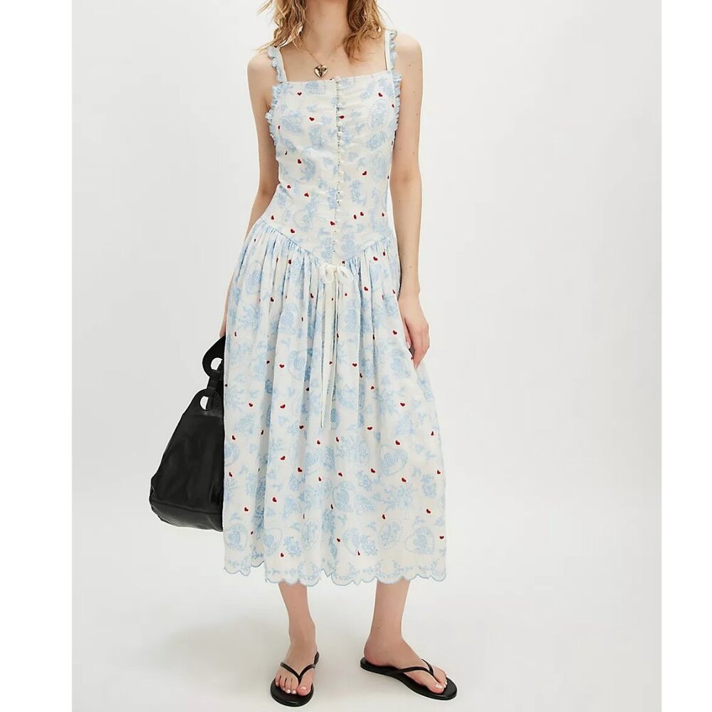 NWT FOR LOVE AND LEMONS LIVIA WHITE MIDI DRESS WITH BLUE & RED EMBROIDERED PRT S